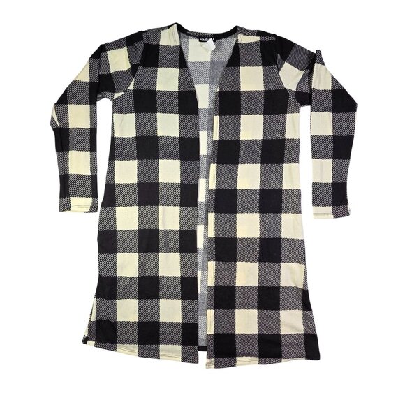 Heimish USA Open Longline Cardigan Black White Buffalo Plaid Pockets Womens Med - Picture 1 of 9
